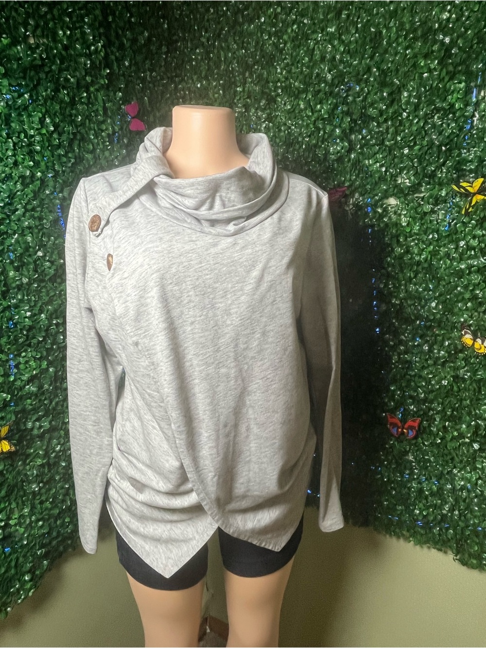 Women's Draped Cowl Neck Button Detail Top - Light Gray